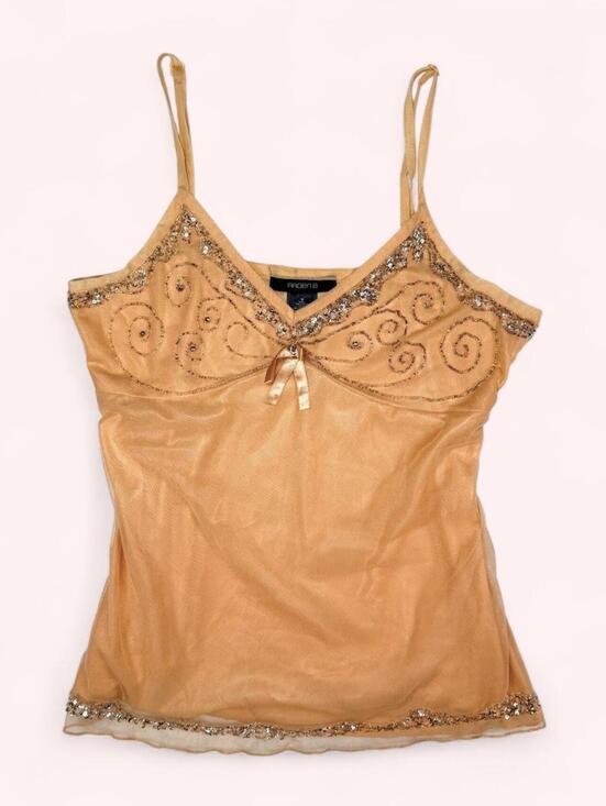 Arden B Tops - Arden B Y2K Beaded Cami Top with Sequin Swirls and Bow Detail